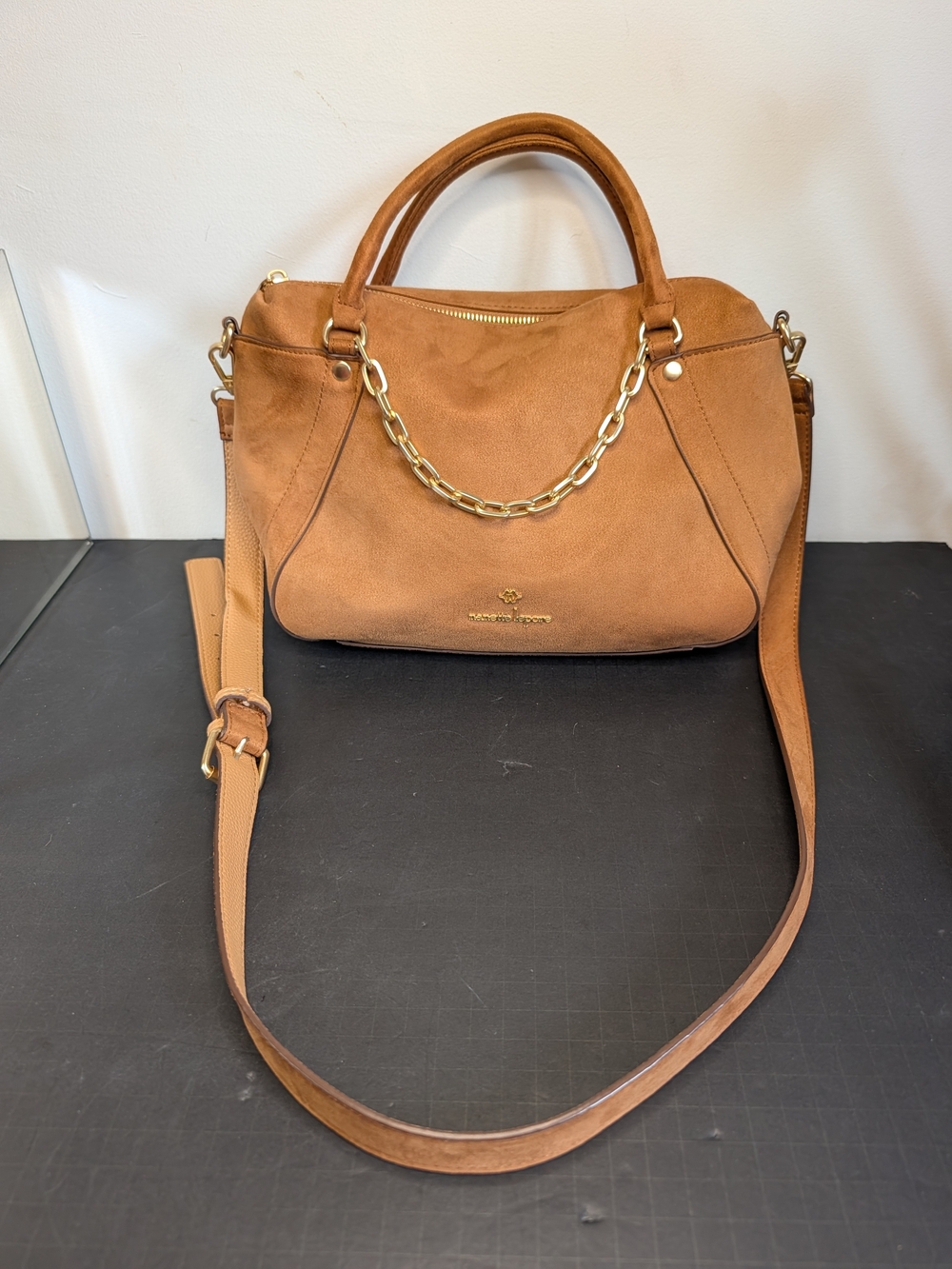 Nanette Lepore Faux Suede Satchel Bag in Camel W/Gold-tone Accent Chain